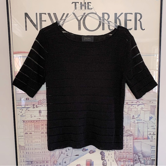 Dana Buchman black knit short sleeve horizontal sheer stripe top Size M - Picture 1 of 7